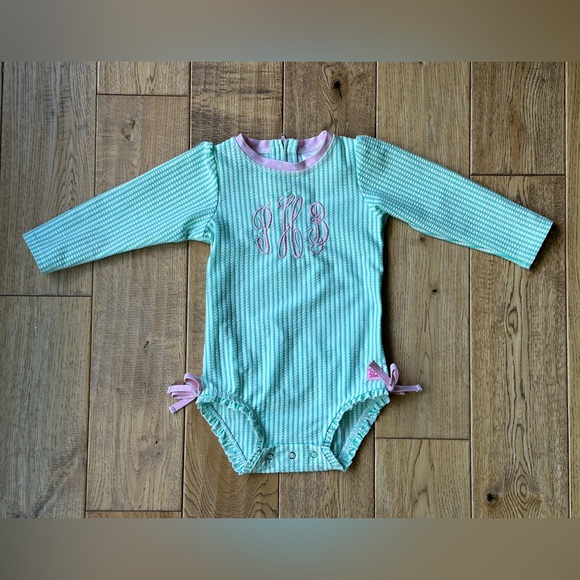 Ruffle Butts Mint Green Seersucker Long Sleeve Rash Guard One Piece 18-24 mo - Picture 1 of 8